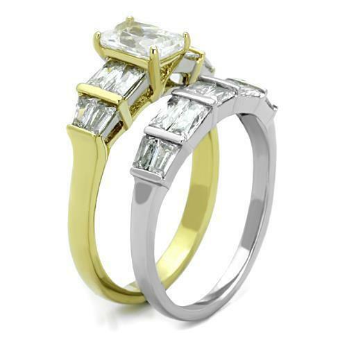 Jewellery Kingdom Cubic Zirconia Two Tone Gold 18Kt Steel Ladies Wedding Engagement Emerald Ring Set Band - Jewelry Rings - British D'sire