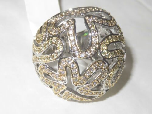 Jewellery Kingdom Ladies Dome Topaz Cubic Zirconia 18KT Rhodium Cocktail Chunky Ring (Clear Silver & Gold) - Jewelry Rings - British D'sire