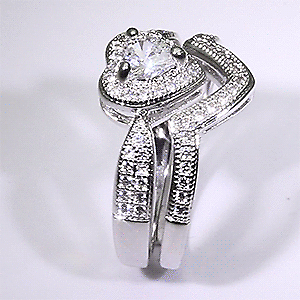 Jewellery Kingdom Ladies Heart Bridal Engagement Wedding Band Rhodium Ring Set (Silver) - Jewelry Rings - British D'sire