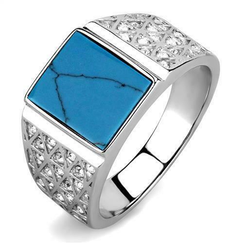 Jewellery Kingdom Mens Cz Stainless Steel Signet Pinky Blue Turquoise Ring - Jewelry Rings - British D'sire