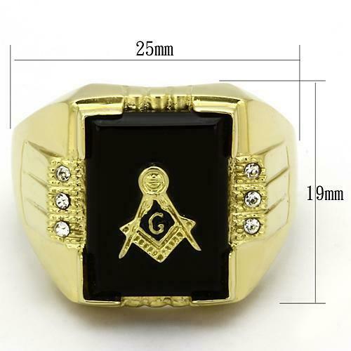 Jewellery Kingdom Mens Gold Masonic Onyx Signet Military Stainless Steel 18kt X027 Ring (Black) - Jewelry Rings - British D'sire