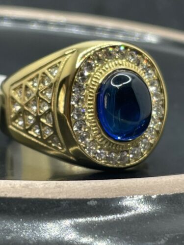 Jewellery Kingdom Mens Sapphire Simulated Diamonds Signet Pinky Steel Oval Sz Gold Ring (Blue) - Jewelry Rings - British D'sire