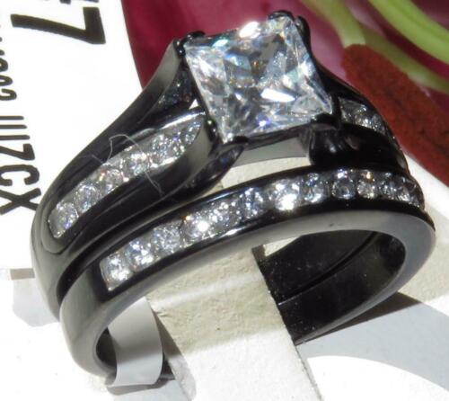 Jewellery Kingdom Princess Cut Cubic Zirconia Engagement Wedding Band Steel Ladies Ring Set (Black) - Engagement Rings - British D'sire