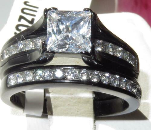 Jewellery Kingdom Princess Cut Cubic Zirconia Engagement Wedding Band Steel Ladies Ring Set (Black) - Engagement Rings - British D'sire