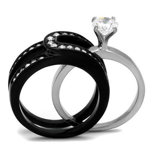 Jewellery Kingdom Solitaire Guard CZ Stainless Steel Ladies Engagement Wedding Ring Set (Black) - Engagement Rings - British D'sire