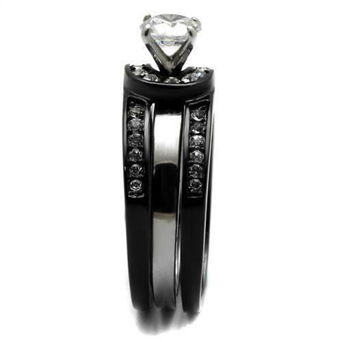 Jewellery Kingdom Solitaire Guard CZ Stainless Steel Ladies Engagement Wedding Ring Set (Black) - Engagement Rings - British D'sire