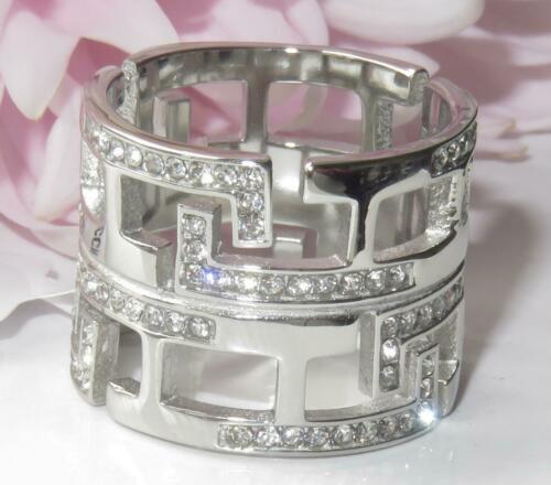 Jewellery Kingdom Wide Stainless Steel CZ Flat Ladies Greek Key Band Ring (Silver) - Rings - British D'sire