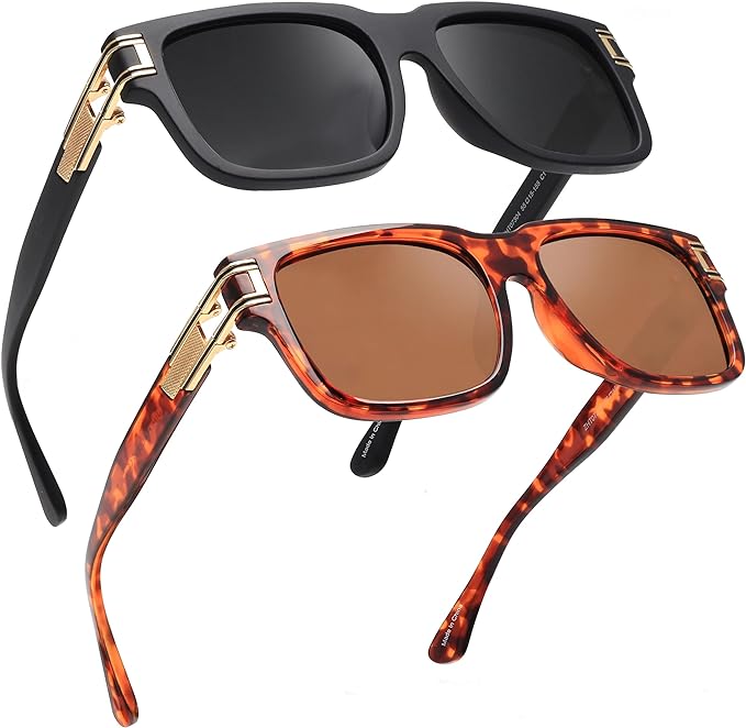 Jim Halo Polarized Sunglasses For Men Women, Classic Retro Square Sun Glasses For Driving Fishing UV400 Protection, Black & Brown
