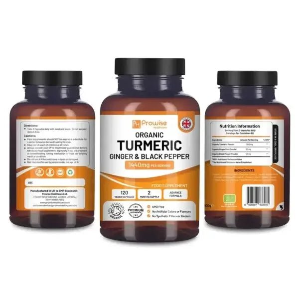 Prowise Healthcare Organic Turmeric 1440mg with Black Pepper & Ginger |120 Vegan Capsules with Active Ingredient Curcumin I Made in The UK - British D'sire