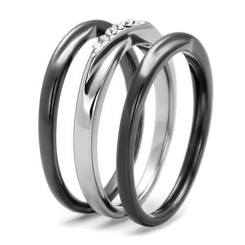 Jewellery Kingdom Black stacking bands ring cz stainless steel wedding ladies 3 pieces new 1340 - Jewelry Rings - British D'sire