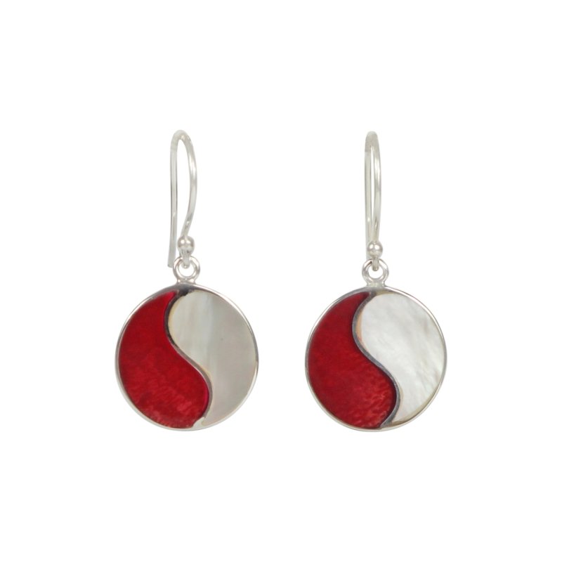 Striking Mother of Pearl and Coral combined circle earrings with sterling silver - Earrings - British D'sire