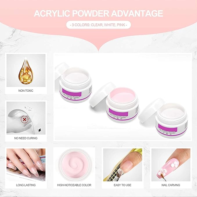 TEEROVA Nail Art Kit, 42 Acrylic Powder Liquid Brush Glitter Clipper Primer File Nail Art Tips Set Kit - British D'sire