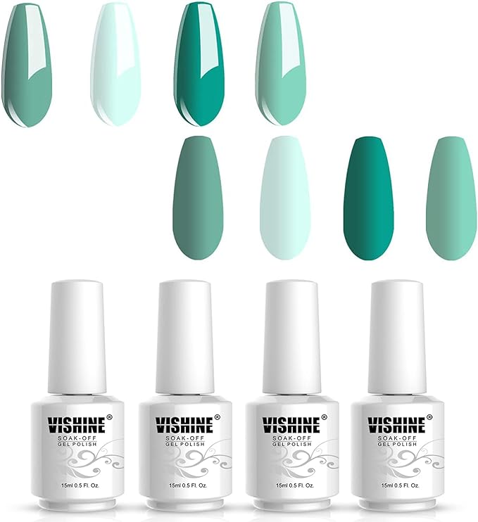Vishine Color Gel Nail Polish Kit Green combo Series 4pcs Nail Art Set 15ml UV LED Gel Home Manicure Salon Use Easy DIY Beauty Spring Summer Collection - British D'sire
