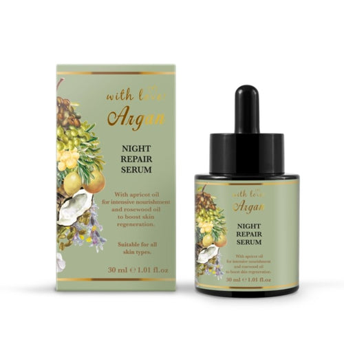 With Love Argan® Night Repair Serum 30 ml (1.01 fl.oz) | Antioxidant-rich Argan Oil and Apricot Seed Oil | Organic Skin Serum | Ideal For Smooth and Younger Skin | Anti-inflammatory and Antiseptic Properties | Reduce Wrinkles and Clear Dark Marks
