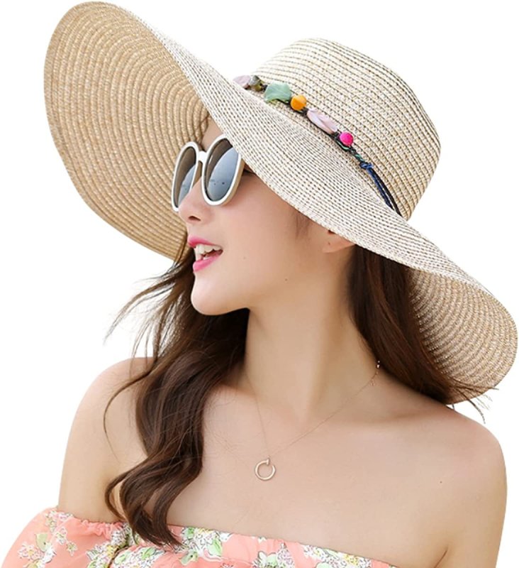 Womens Wide Brim Straw Hat Floppy Foldable Roll up Cap Beach Sun Hat UPF 50 British D sire