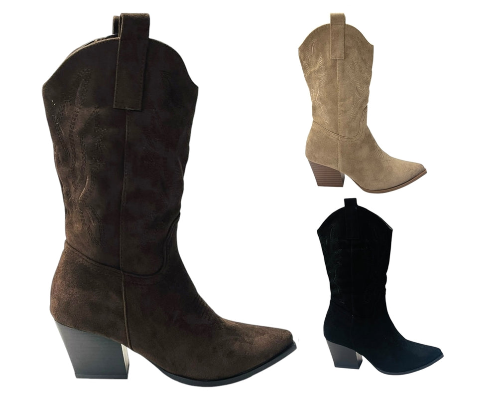 Mid Calf Embroidered Faux Suede Cowboy Boots Main image