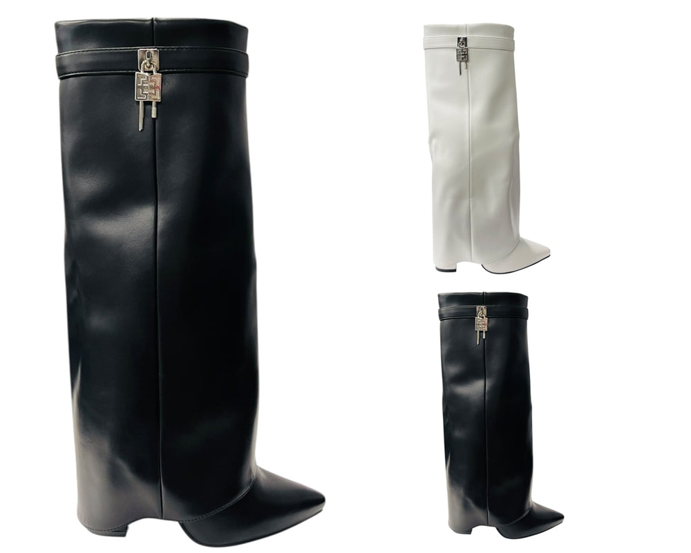 Padlock Details Knee High Fold Over Block Heel Boots Main image