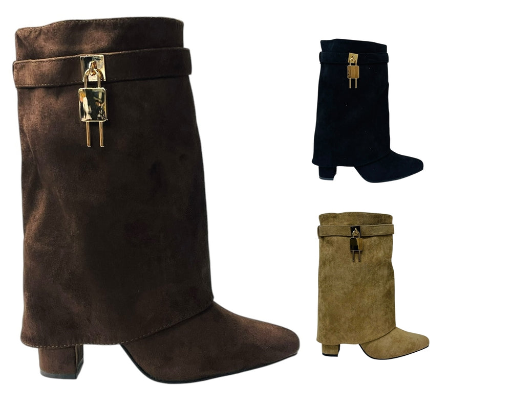 Faux Suede Fold Over Padlock Ankle Boots Main image