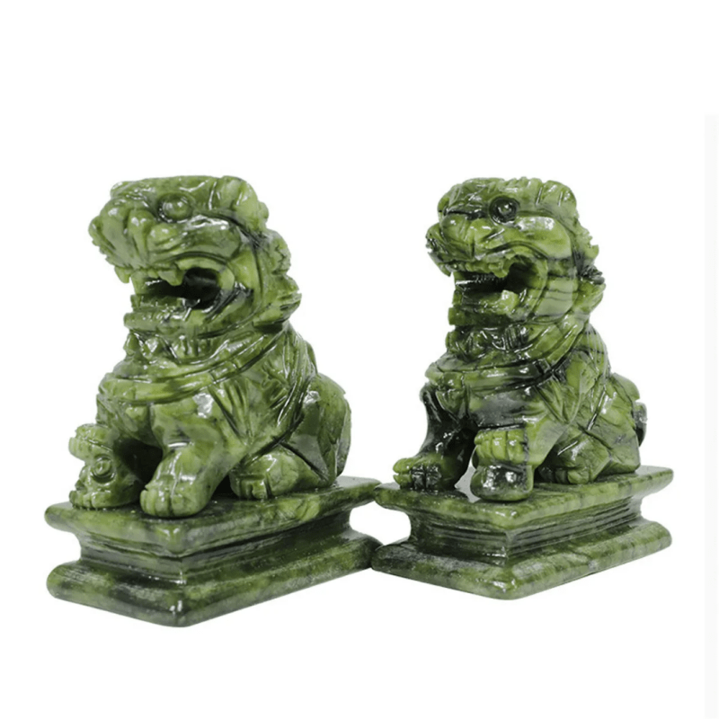 1 pair china green jade carved fengshui foo fu dog guard door stone lion office decor ornaments gift - Stone Carving - British D'sire