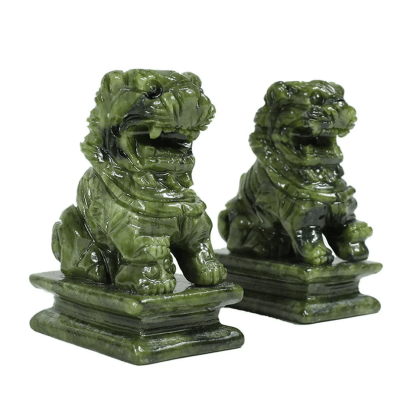 1 pair china green jade carved fengshui foo fu dog guard door stone lion office decor ornaments gift - Stone Carving - British D'sire