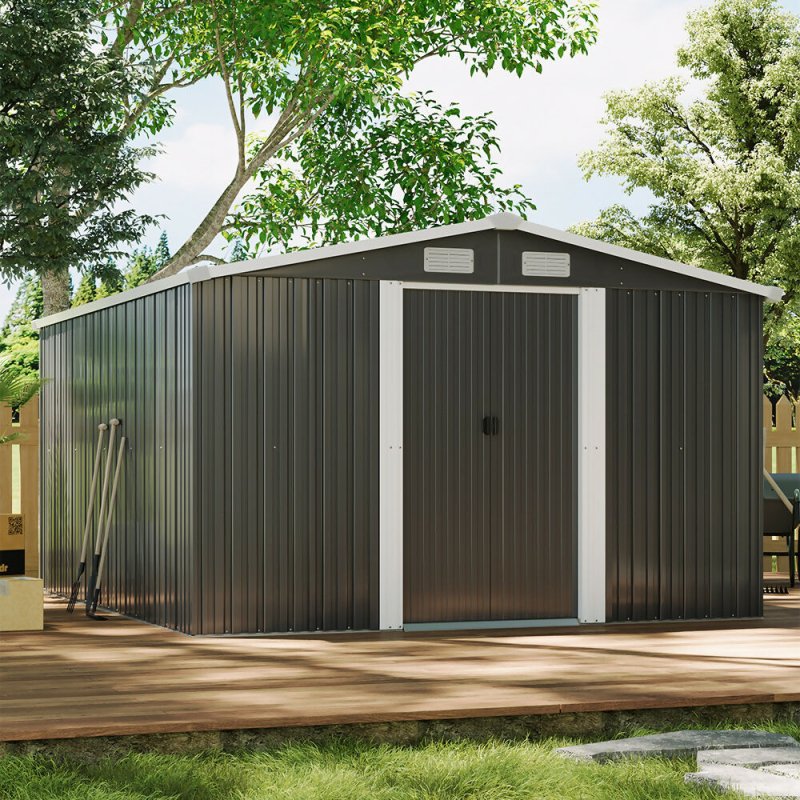 10 x 12 ft Garden Storage Shed Double Door with Foundation Base, Charcoal Black - Garden Shed - British D'sire