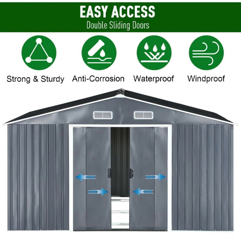 10 x 12 ft Garden Storage Shed Double Door with Foundation Base, Charcoal Black - Garden Shed - British D'sire
