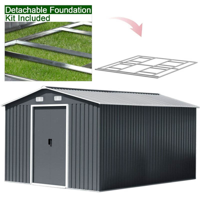 10 x 12 ft Garden Storage Shed Double Door with Foundation Base, Charcoal Black - Garden Shed - British D'sire