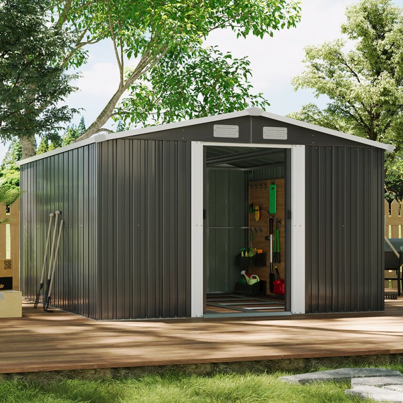10 x 12 ft Garden Storage Shed Double Door with Foundation Base, Charcoal Black - Garden Shed - British D'sire Main image