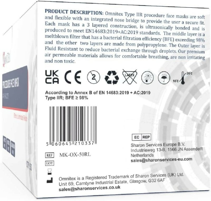 100x Omnitex 3Ply Premium Type IIR Disposable Surgical Face Mask | EN14683:2019 | 98% Filtration, Fluid Resistant, Medical Face Mask 2R with Ear Loops, British Brand (2x Box 50) - Face Mask - British D'sire Main image