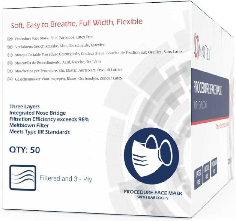 100x Omnitex 3Ply Premium Type IIR Disposable Surgical Face Mask | EN14683:2019 | 98% Filtration, Fluid Resistant, Medical Face Mask 2R with Ear Loops, British Brand (2x Box 50) Secondary image