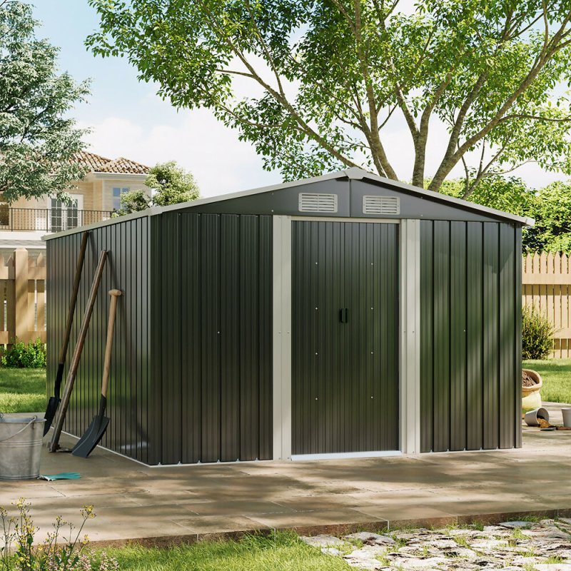 10ft x 8ft Metal Garden Shed Outdoor Storage Tool Shed, Charcoal Black - Garden Shed - British D'sire