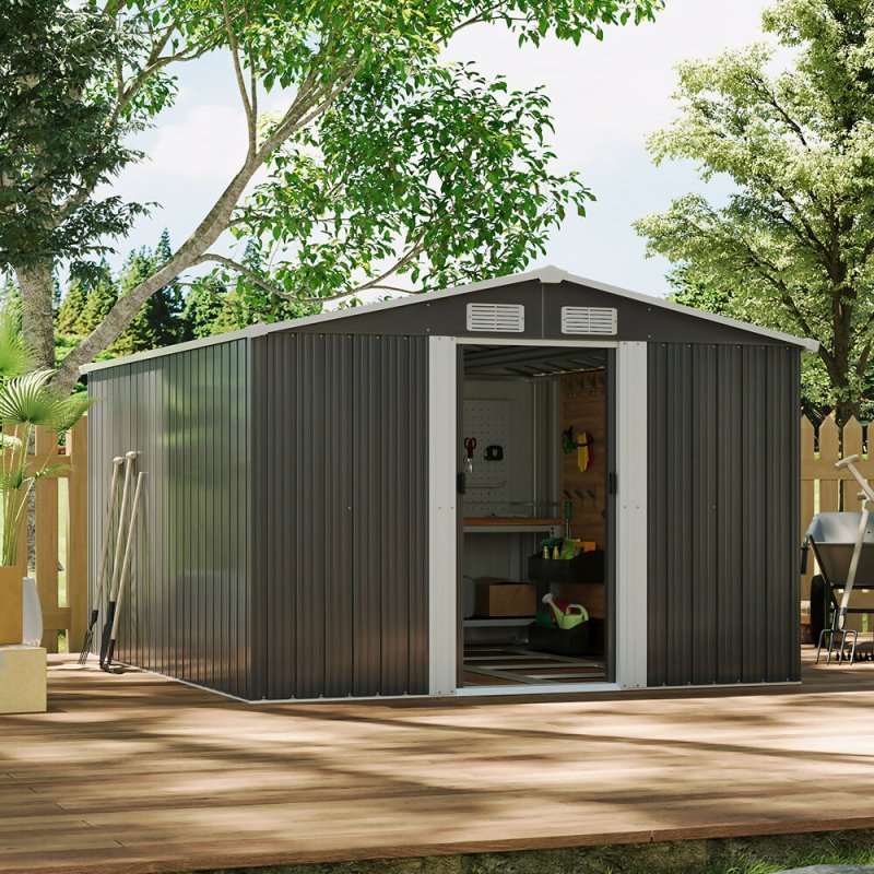 10ft x 8ft Metal Garden Shed Outdoor Storage Tool Shed, Charcoal Black - Garden Shed - British D'sire