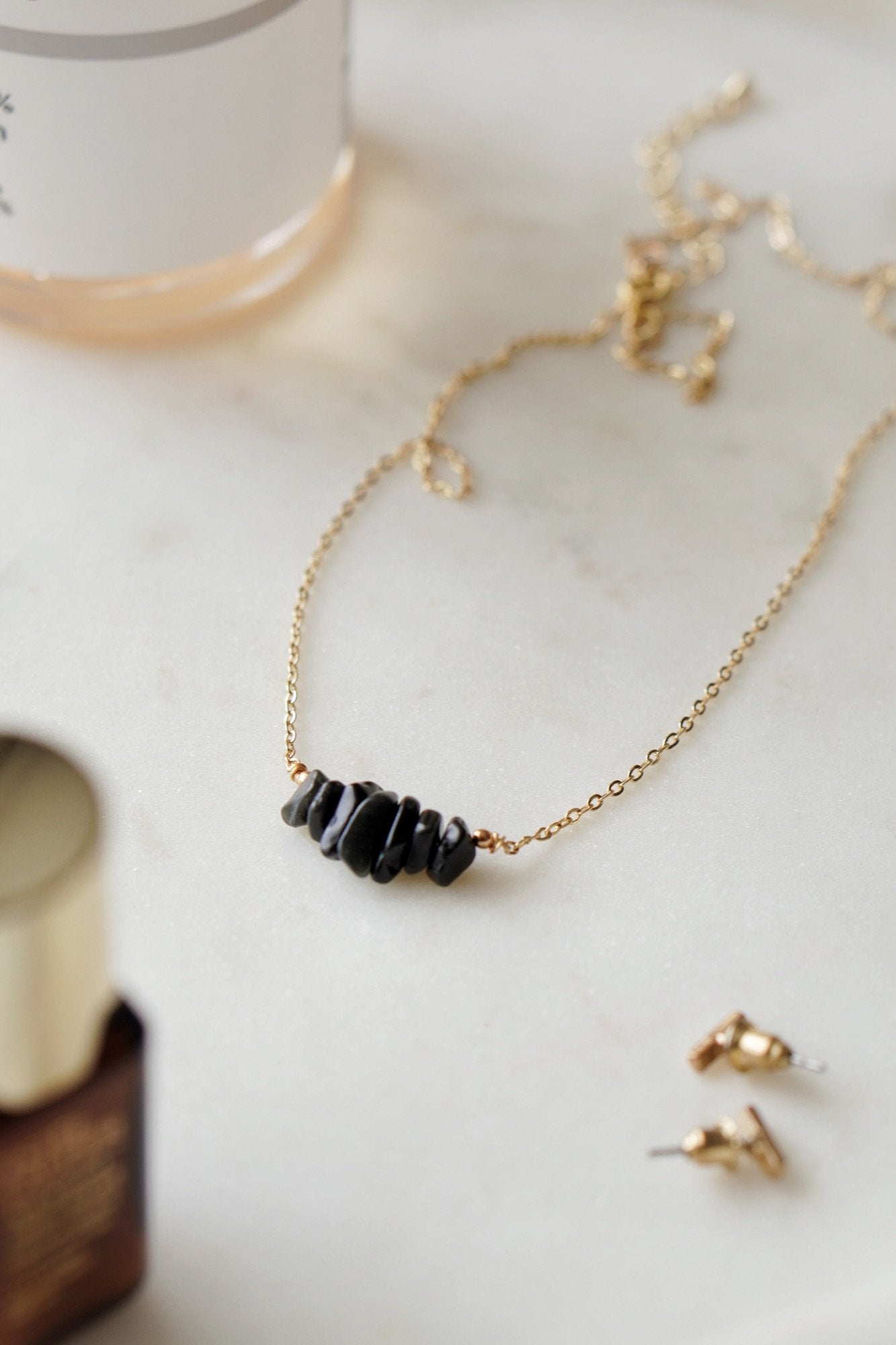 Xander Kostroma Gold Tone Black Obsidian Semi-Precious Stone Necklace – 42cm Adjustable Choker, Healing Crystal Jewelry for Protection & Clarity