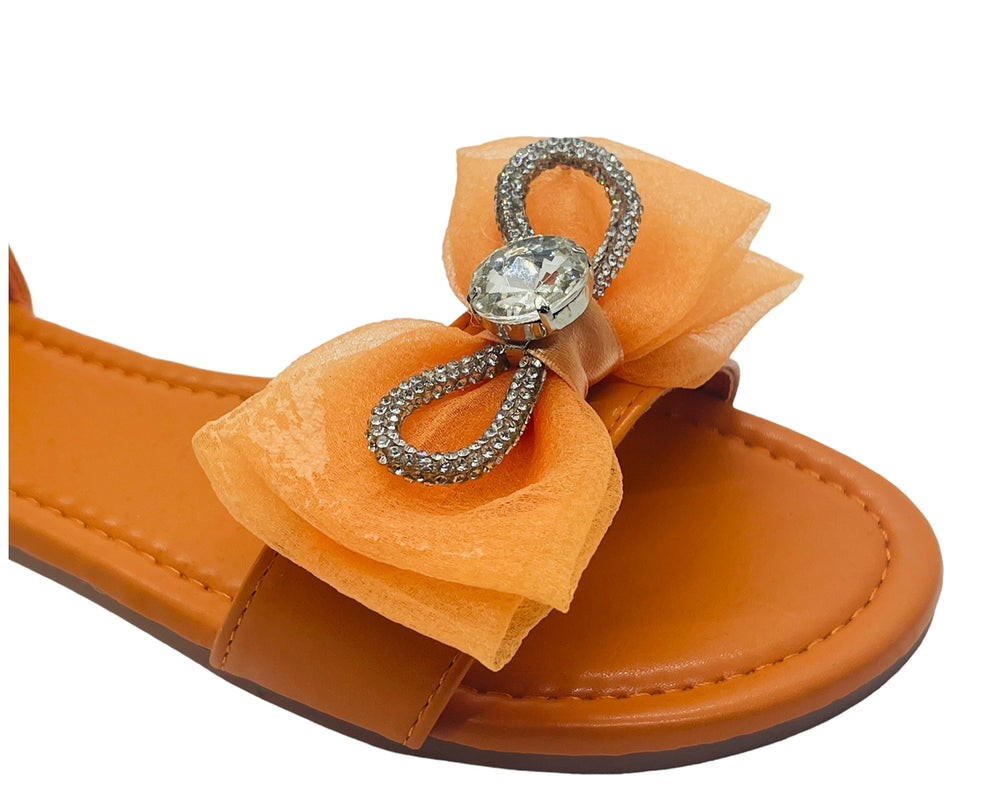 Ankle Strap Flat Rhinestone Mesh Bow Sandals