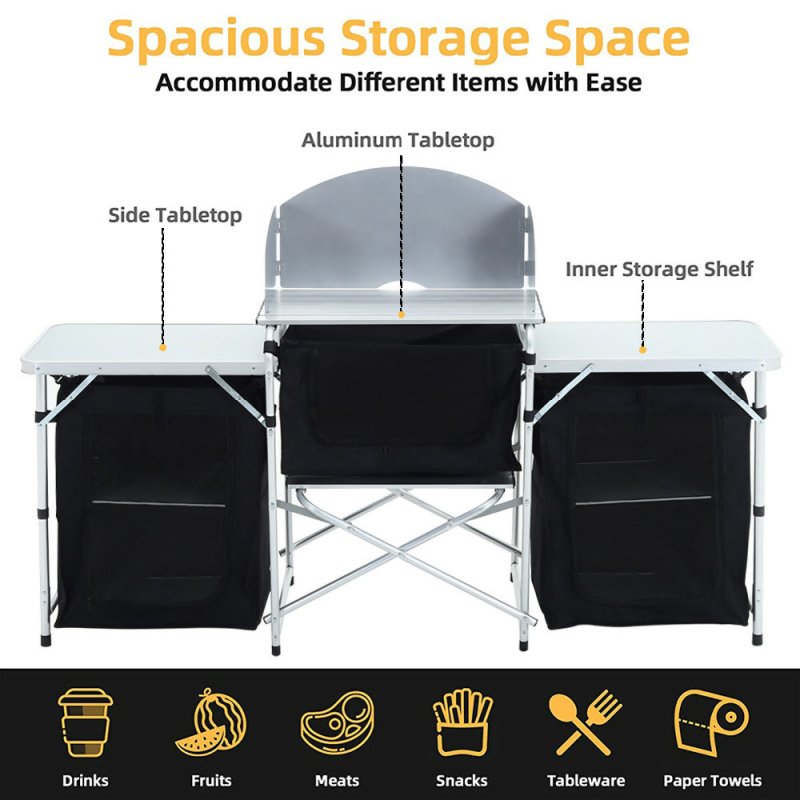 175cm W Outdoor Portable Camping Kitchen with Aluminum Frame and Large Storage Space, Black - Camping Kitchen - British D'sire
