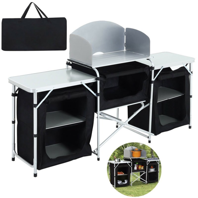 175cm W Outdoor Portable Camping Kitchen with Aluminum Frame and Large Storage Space, Black - Camping Kitchen - British D'sire