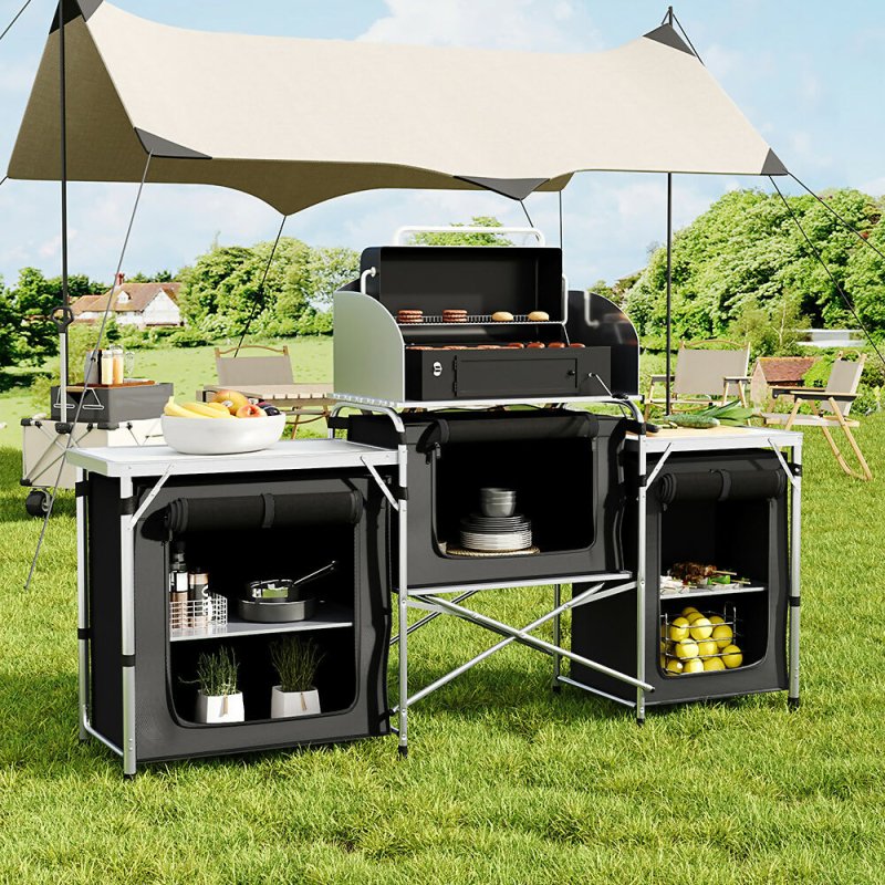175cm W Outdoor Portable Camping Kitchen with Aluminum Frame and Large Storage Space, Black Secondary image