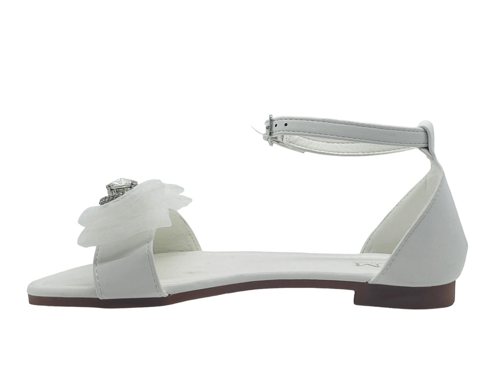 Ankle Strap Flat Rhinestone Mesh Bow Sandals