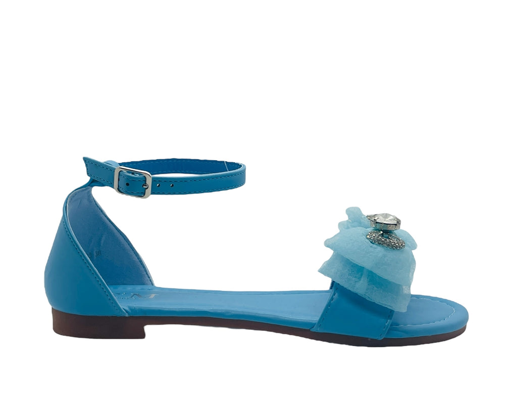 Ankle Strap Flat Rhinestone Mesh Bow Sandals