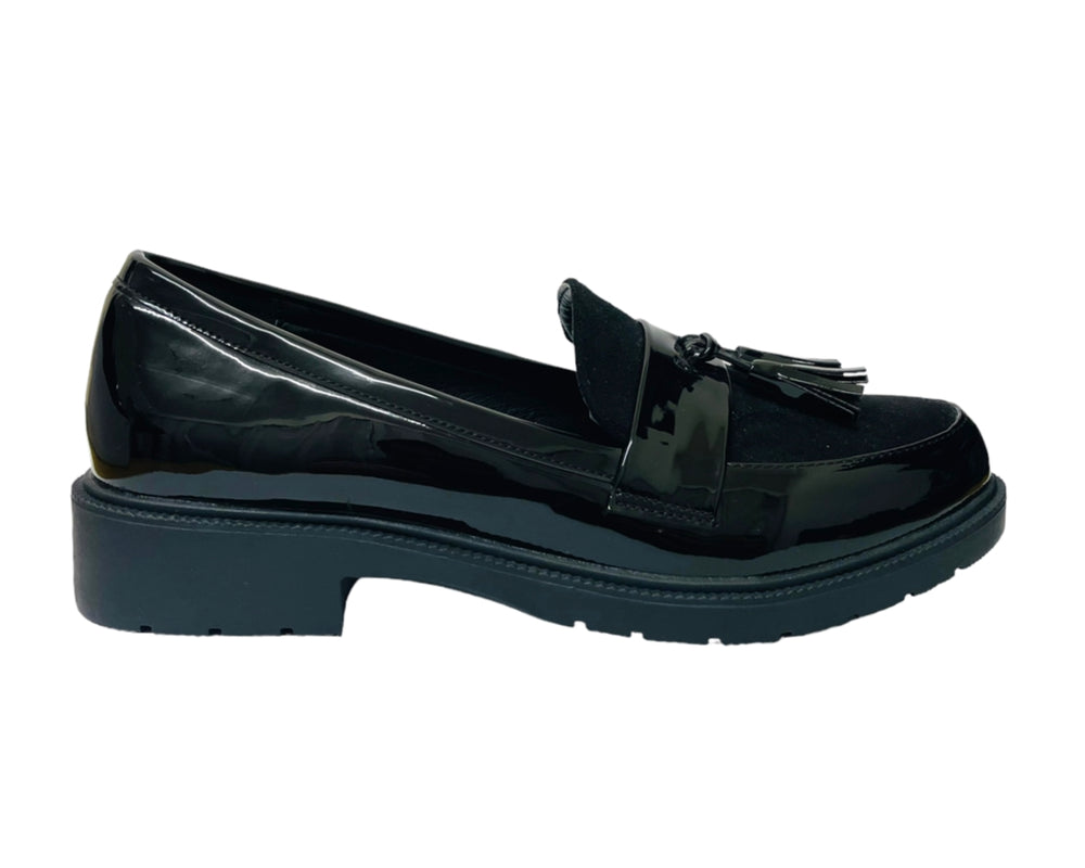 Faux Patent Leather Tassel Slip On Shoes