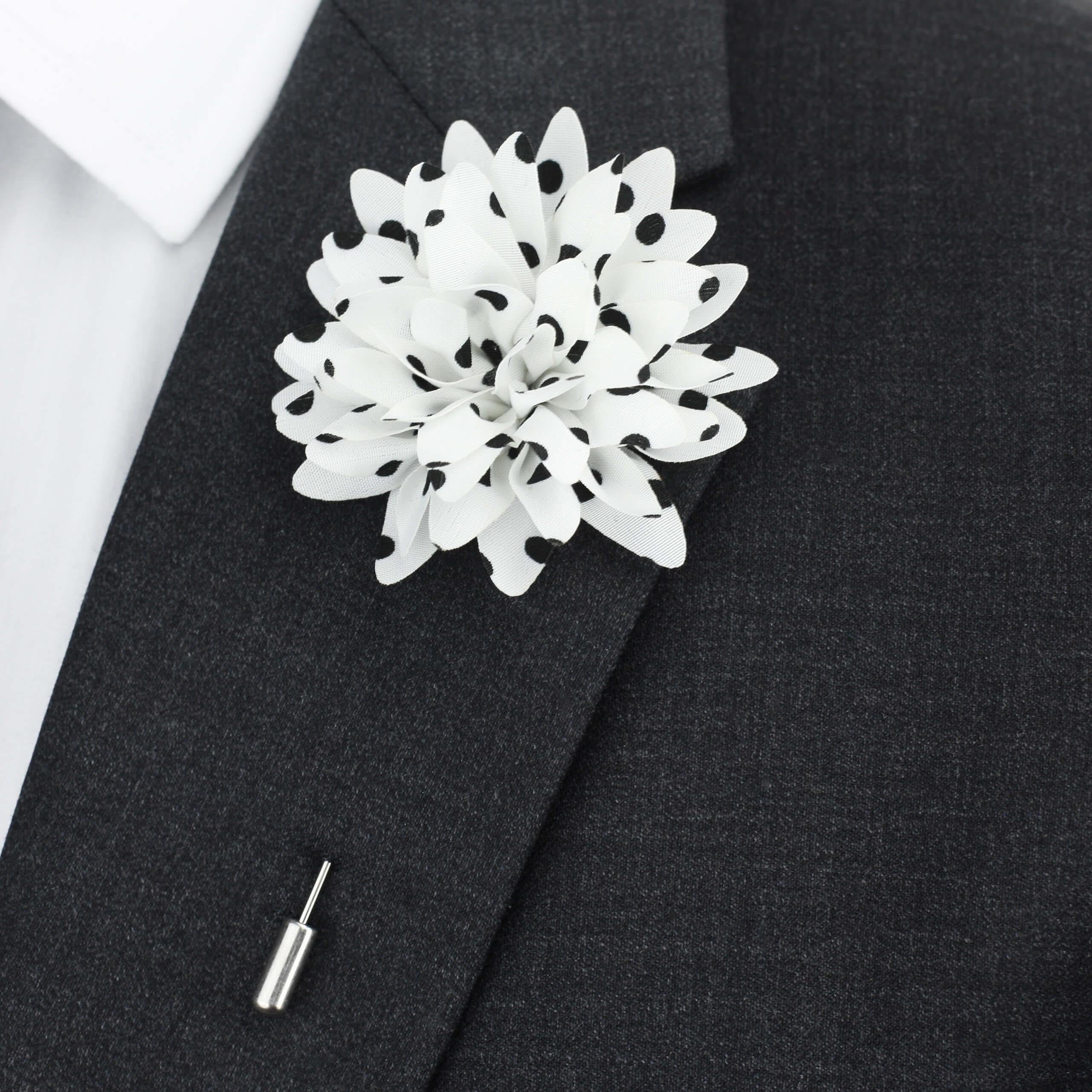 Silk Flower Lapel Pin, White and Black Polka Dots