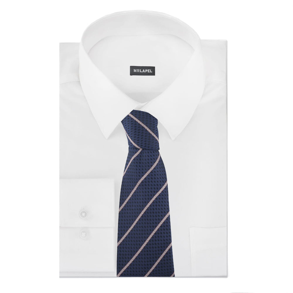 Navy striped tie with pink stripe, shown on folded white shirt