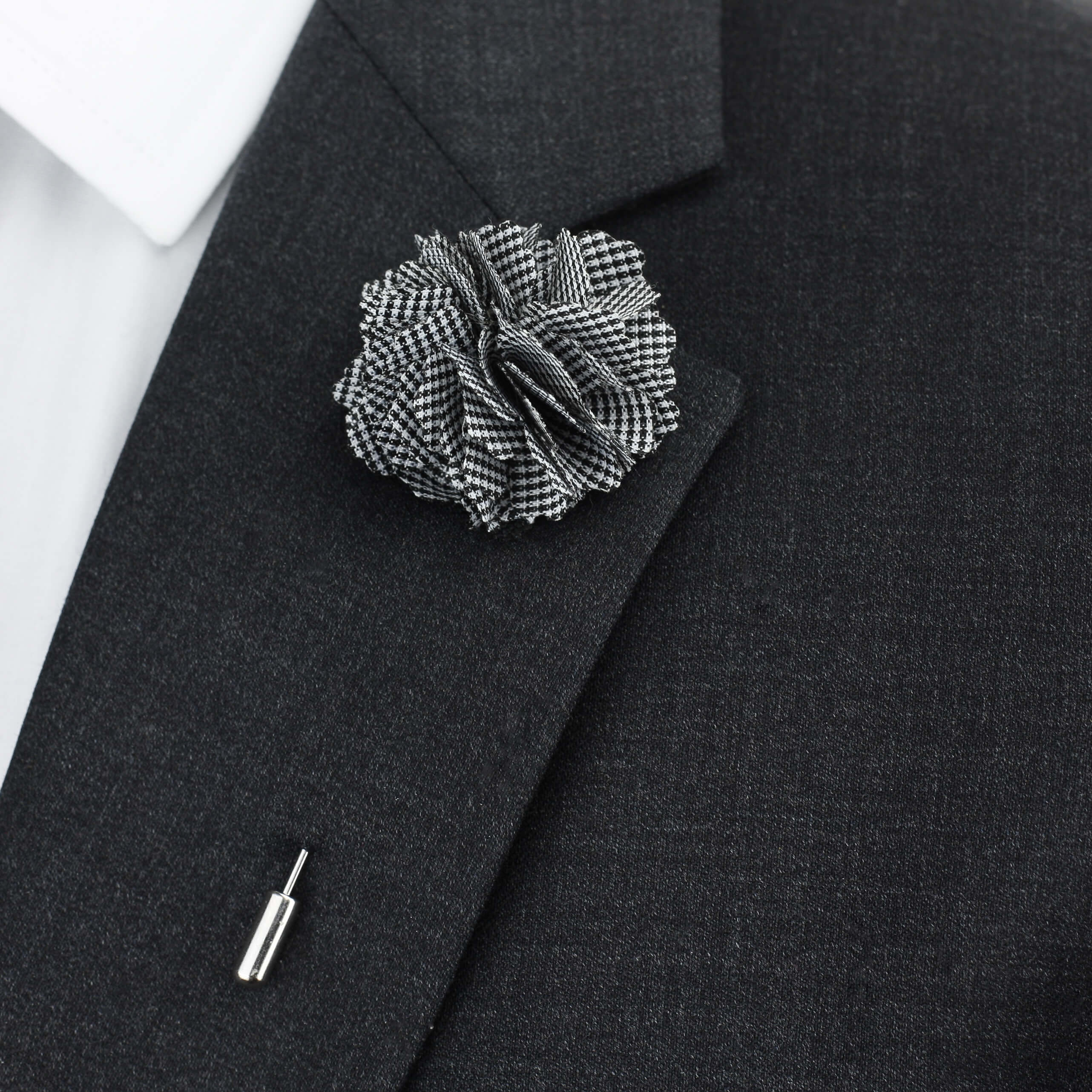 Flower Bunch Lapel Pin, Black and White Tartan