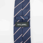 reverse of a navy silk tie with pink diagonal stripes on it