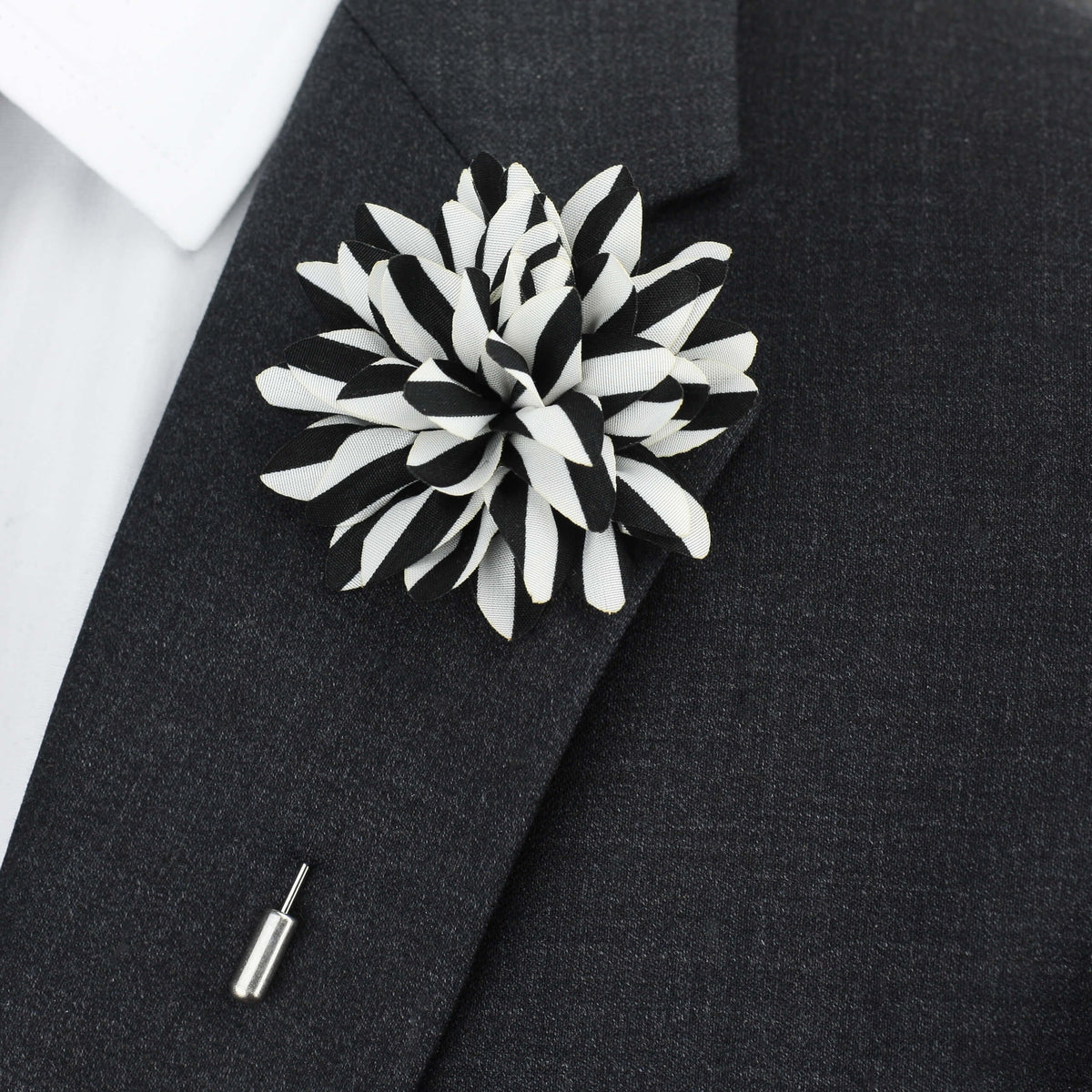 Silk Flower Lapel Pin, Black and White Stripes