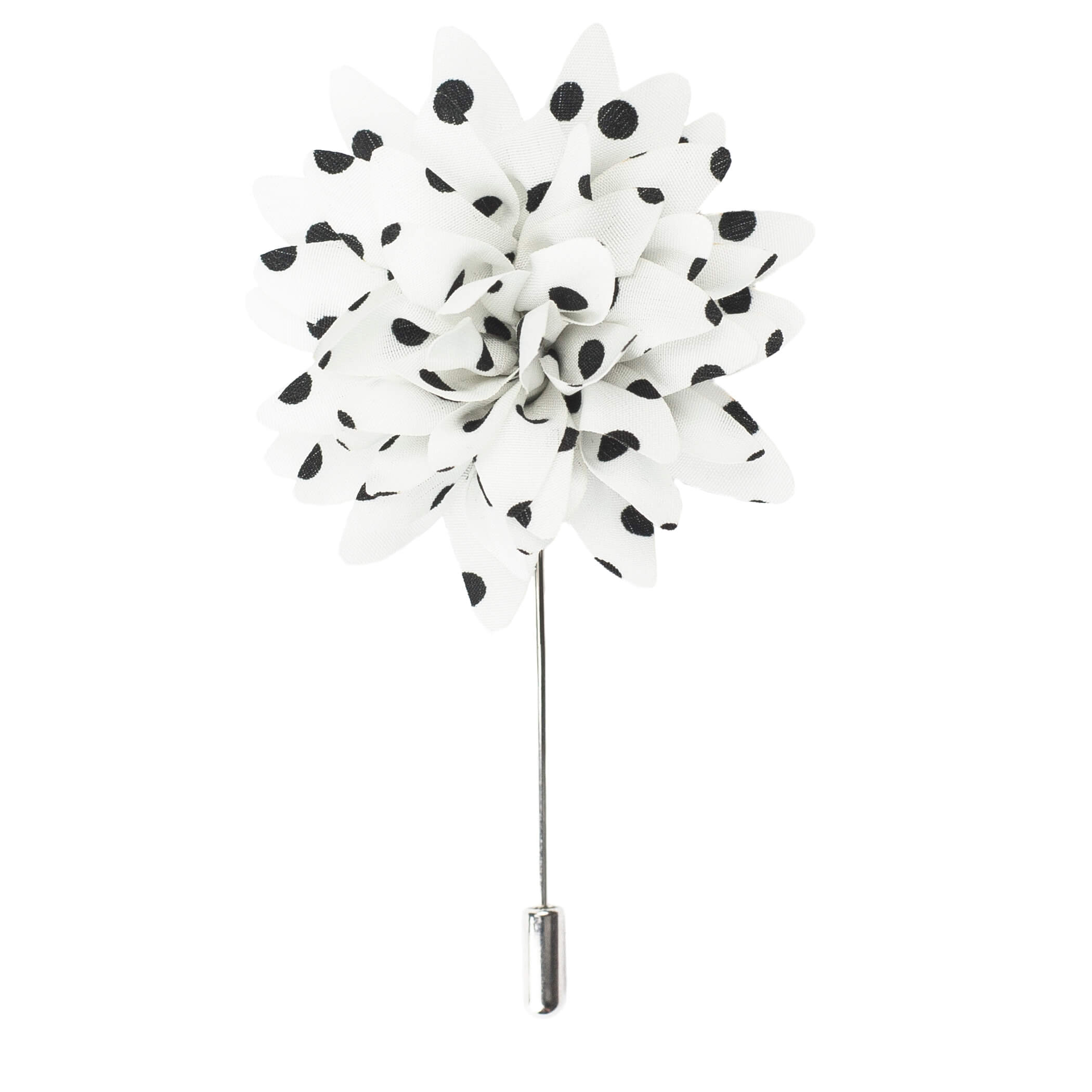 Silk Flower Lapel Pin, White and Black Polka Dots