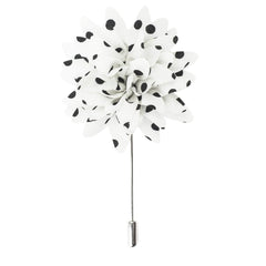Silk Flower Lapel Pin, White and Black Polka Dots