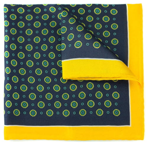 Navy blue fabric with green floral pattern and yellow border