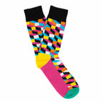 Colorful geometric-patterned socks with black cuffs on a white background
