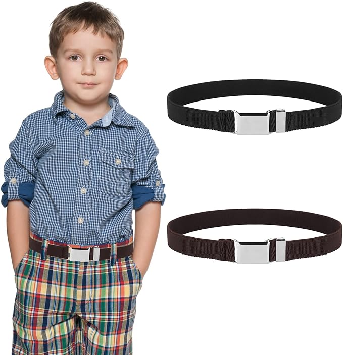 2 Pack Kids Toddler Belt Elastic Stretch Belts Adjustable Uniform Belt with Silver Square Buckle for Child Boys Girls - British D'sire Main image
